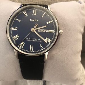 Timex Navy Dial Silver Accents Black Leather Strap Watch